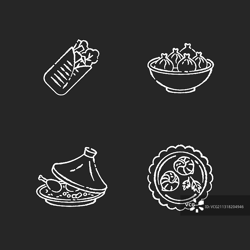 传统菜肴粉笔白色图标集图片素材