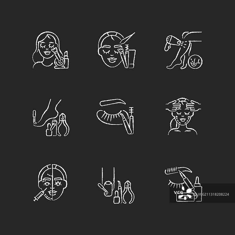 美容院粉笔白色图标集（黑色背景）图片素材