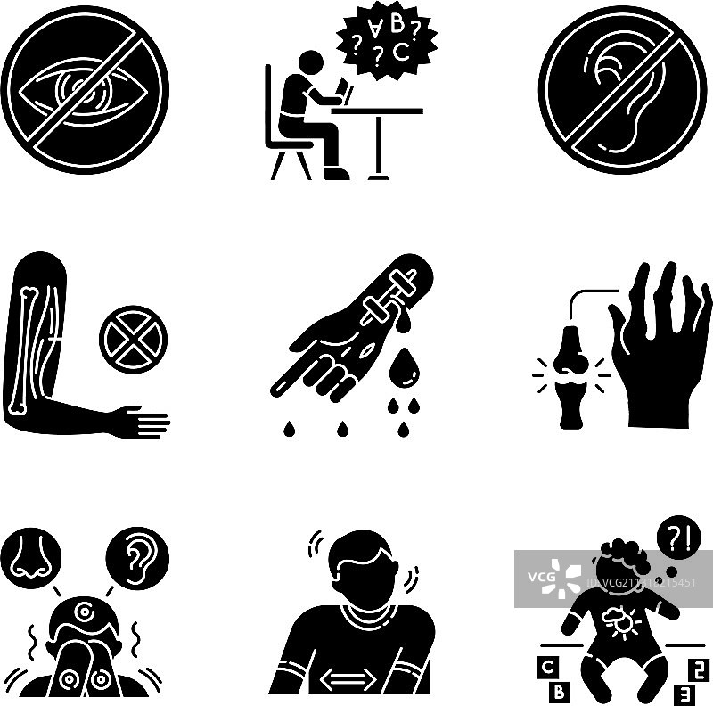 疾病类型黑色字形图标集（白色背景）图片素材