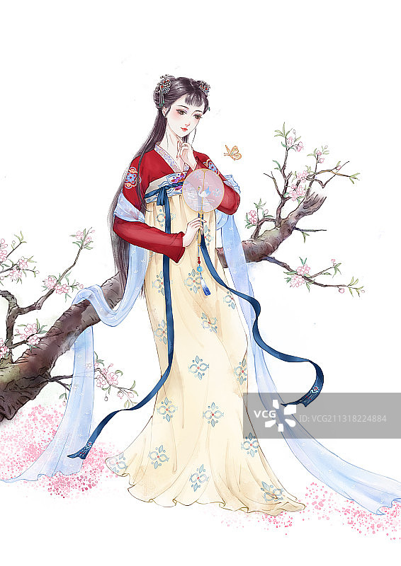 倚着桃花树的汉服少女图片素材