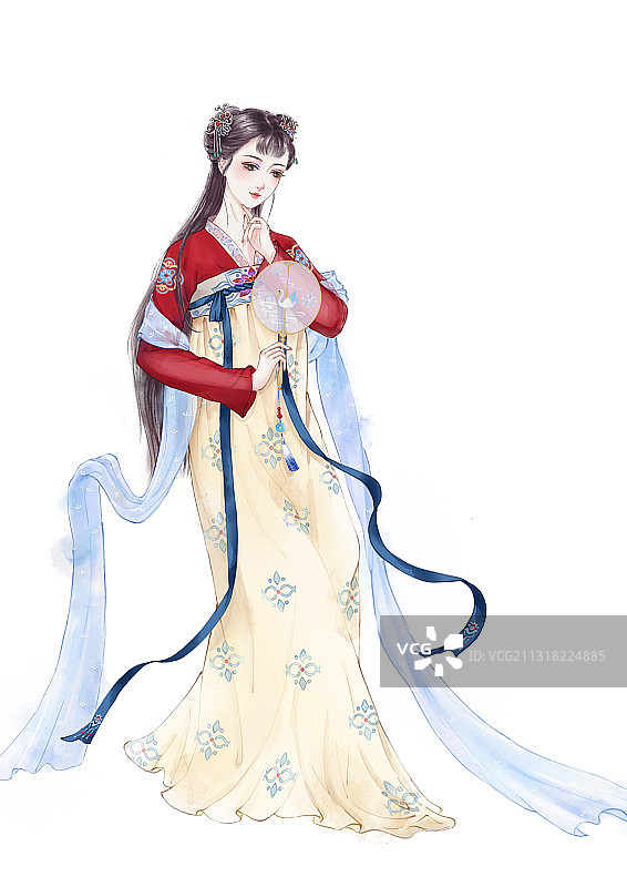 拿着扇子沉思的汉服少女图片素材