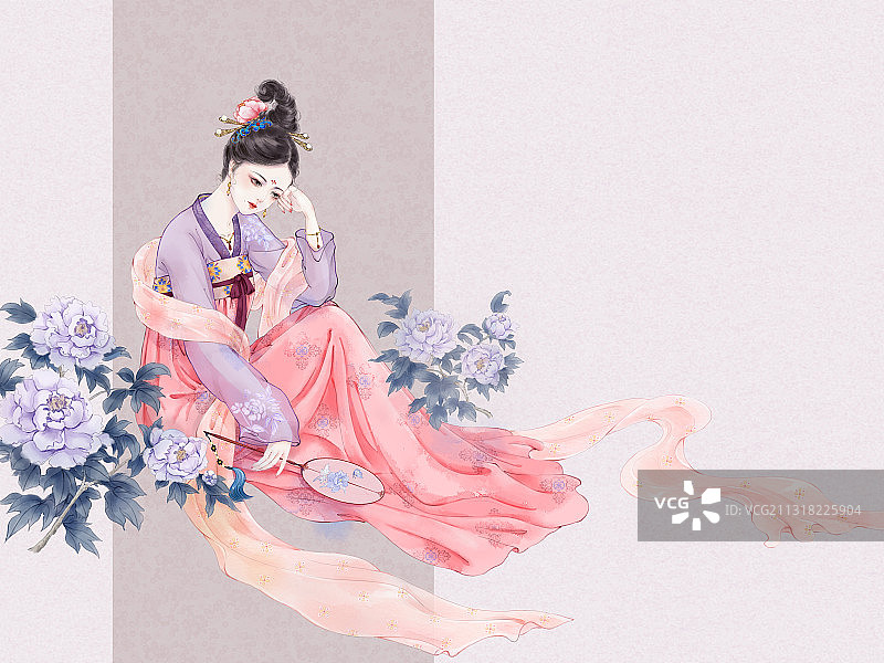 牡丹花与汉服少女图片素材