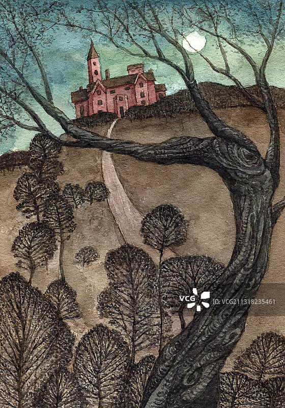 夜色下树林中的庄园古堡水彩插图图片素材