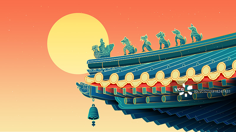 古建筑屋檐神兽雕刻中国风插画图片素材