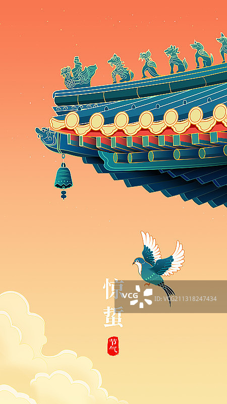 古建筑屋檐神兽雕刻中国风插画图片素材