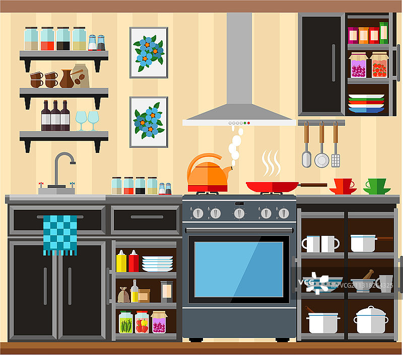 舒适的厨房：家具、食物和餐具图片素材