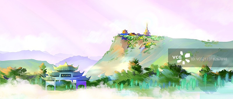唯美水彩风景画旅游目的地四川峨眉山佛光图片素材