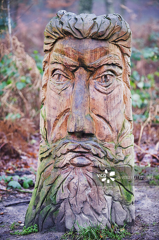 英国拉夫堡比肯山上树林里的绿色人像雕塑图片素材