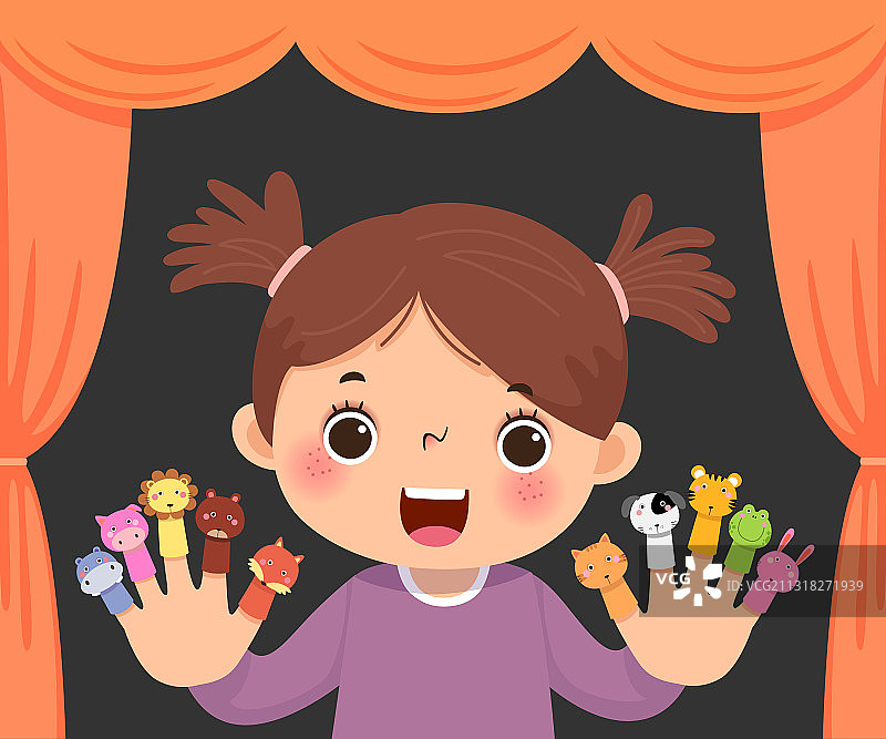 玩动物手指玩偶的小女孩图片素材