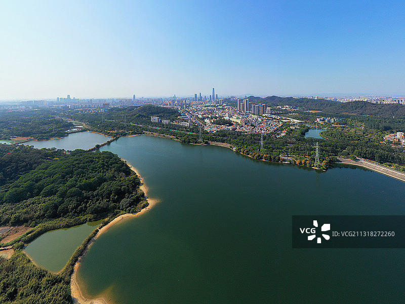 广东省东莞市东城街道同沙生态公园同沙水库航拍图片素材