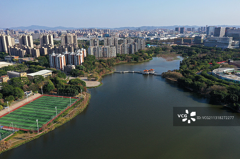 广东省东莞市大朗镇松山湖月荷湖公园航拍图片素材