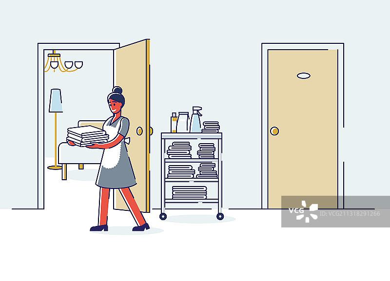 女服务员在酒店走廊拿着干净的毛巾图片素材