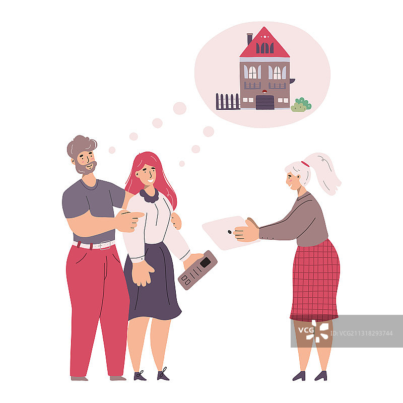 房地产经纪人在平板电脑上展示房屋图片素材