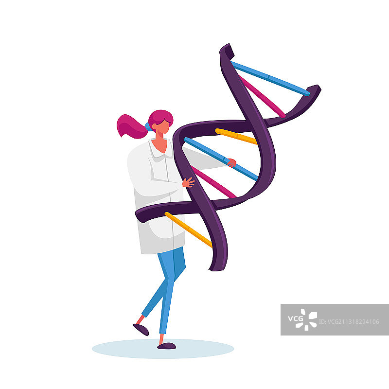 女性携带巨大人体DNA螺旋图片素材