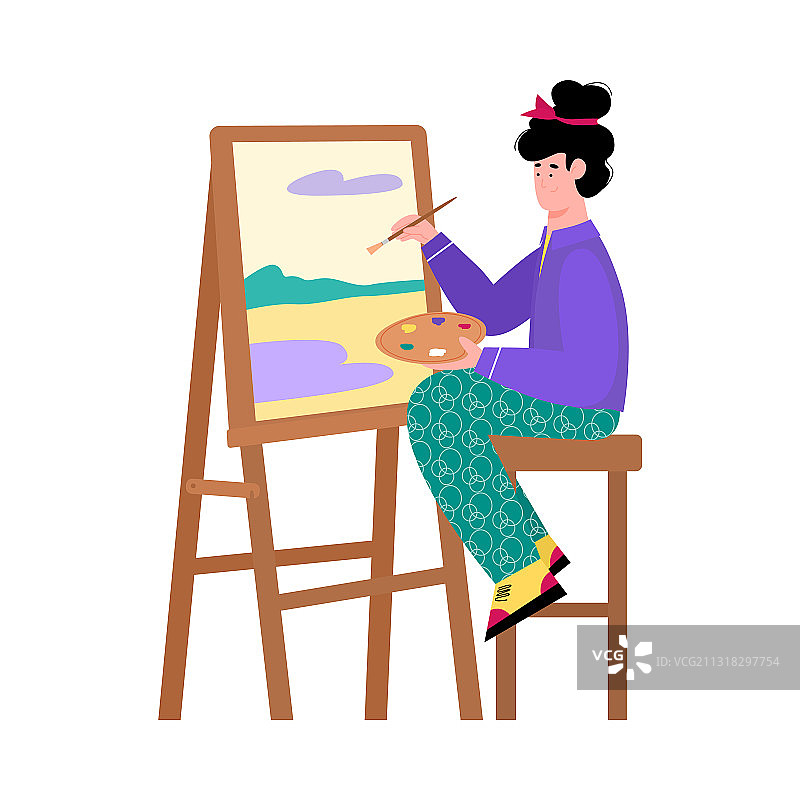在画布上绘画的卡通女艺术家图片素材