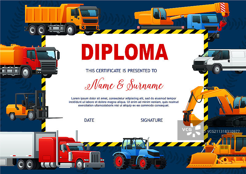 带有重型车辆的学校毕业证书模板图片素材