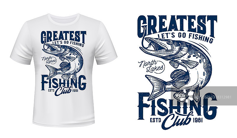 白斑狗鱼鱼钩T恤图案设计图片素材