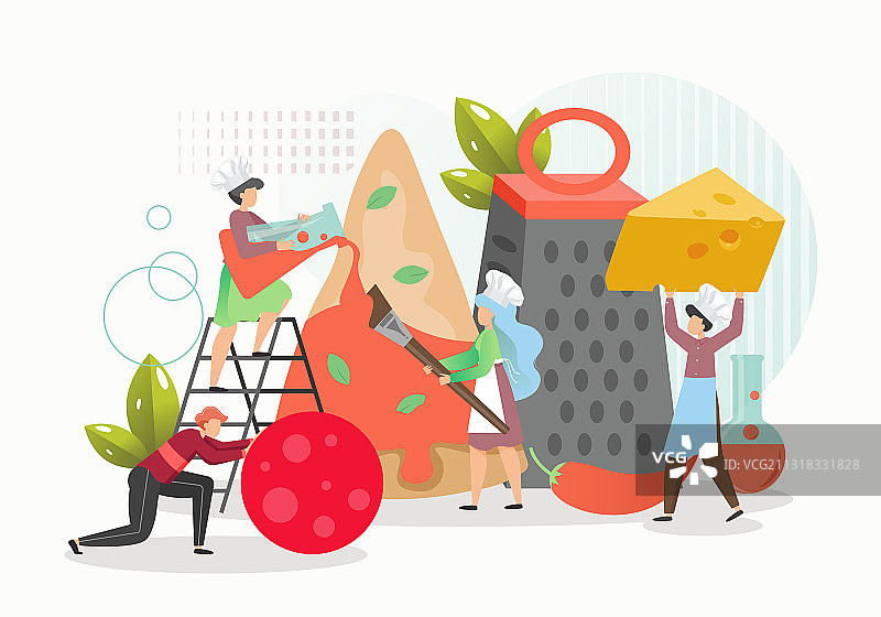 戴厨师帽的迷你人物制作巨型披萨图片素材