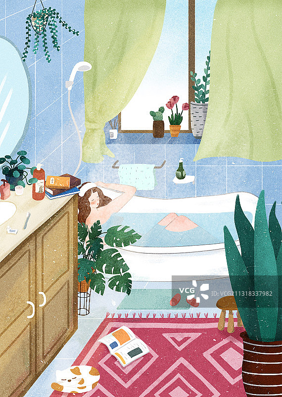 浴室-复古室内小场景插画图片素材