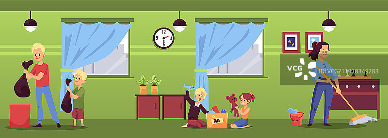 卡通家庭人物清洁和整理房间图片素材