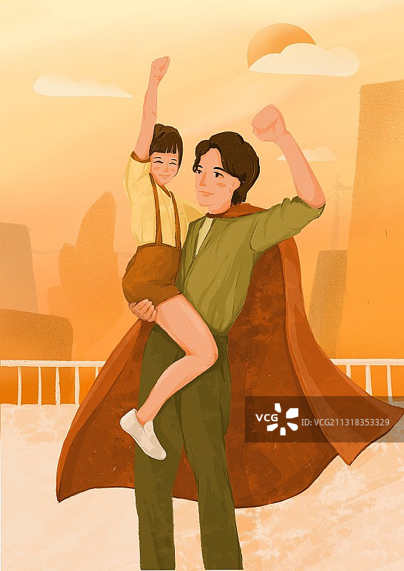 插画父亲女儿温馨父亲节爸爸是超人图片素材