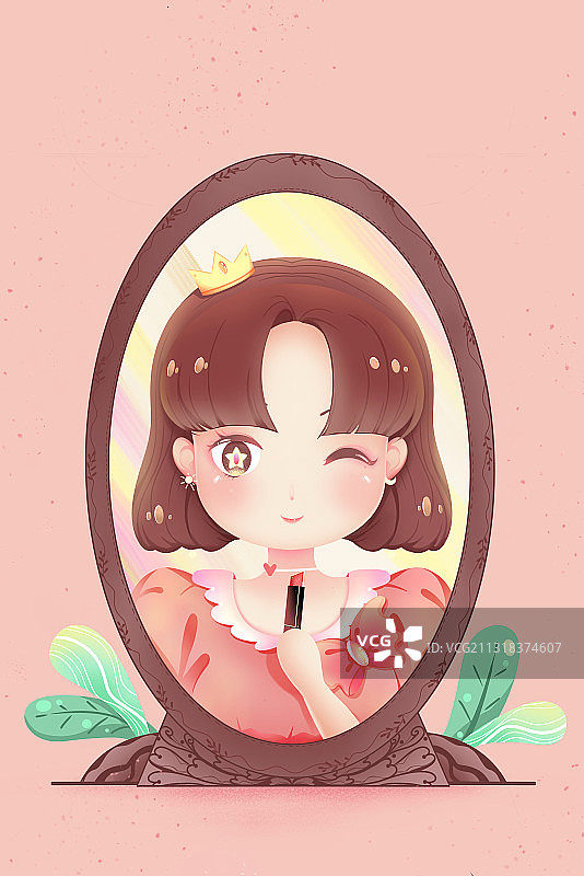 镜中涂口红的可爱少女，唯美卡通女王节人物插画图片素材