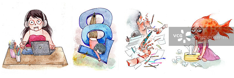 水彩手绘打工人合集图片素材