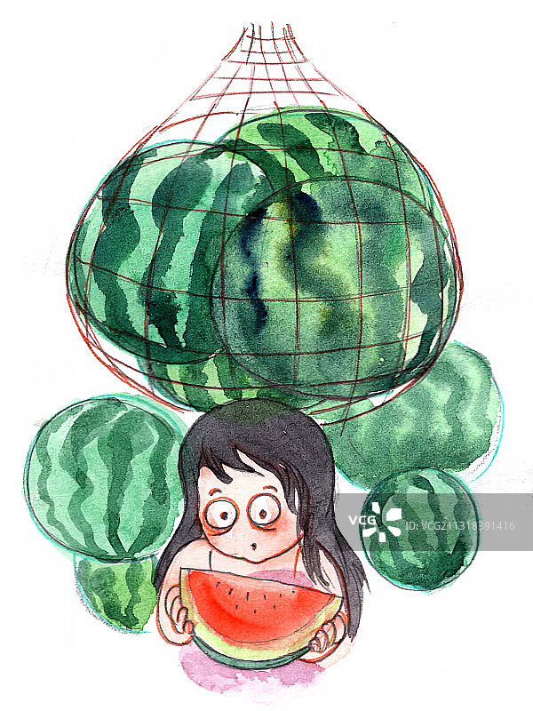 水彩手绘吃瓜少女图片素材