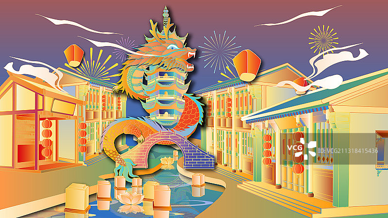 中国风小桥流水古镇宝塔盘龙莲花灯节日灯会图片素材