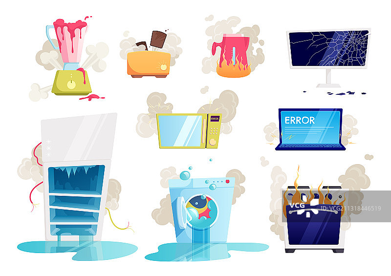 损坏的家用电器扁平图标套装图片素材