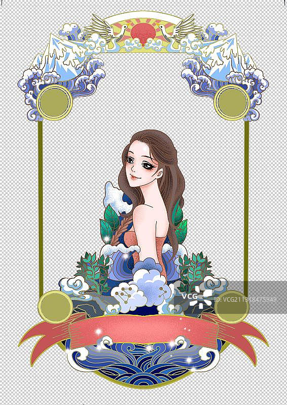 海浪女孩冰山仙鹤高山门框门楣国潮中国风插画花边画框图片素材