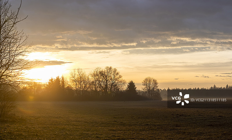 德国奥格斯堡：日落时分天空下的田野树木图片素材