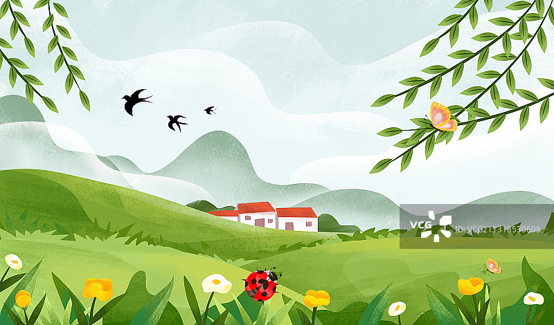 乡间田野上的春天小清新插画图片素材