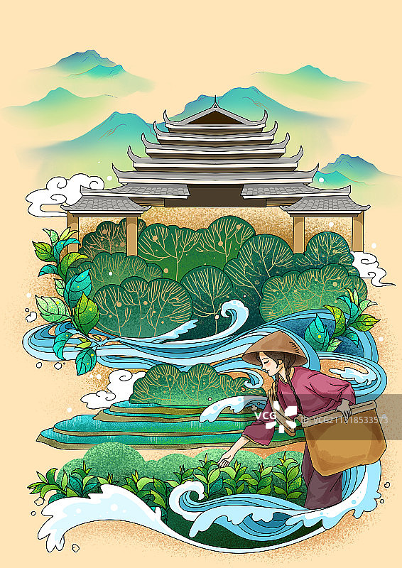 好山好水出好茶农女采茶风雨桥绿色山水图片素材