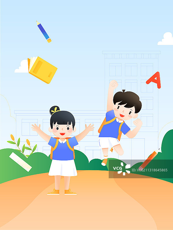 小男孩和小女孩背着书包在学校矢量插画海报图片素材