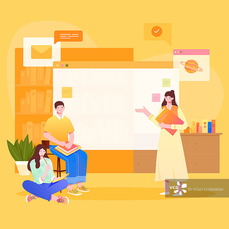 男生女生在学校开会学习矢量插画海报图片素材
