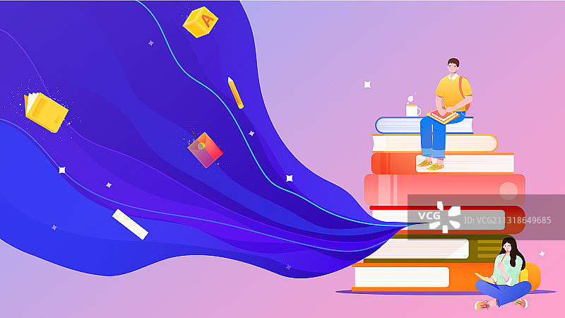男女学生坐在书上学习促销矢量插画海报图片素材