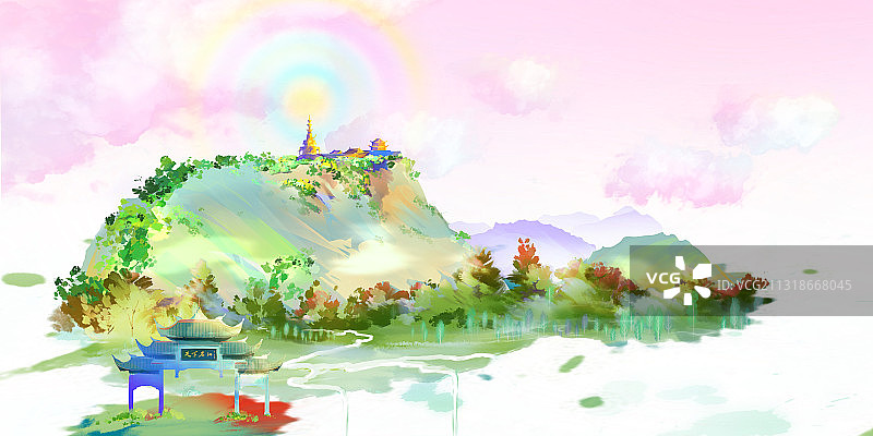 中国风唯美水墨创意山水画四川峨眉山佛光图片素材