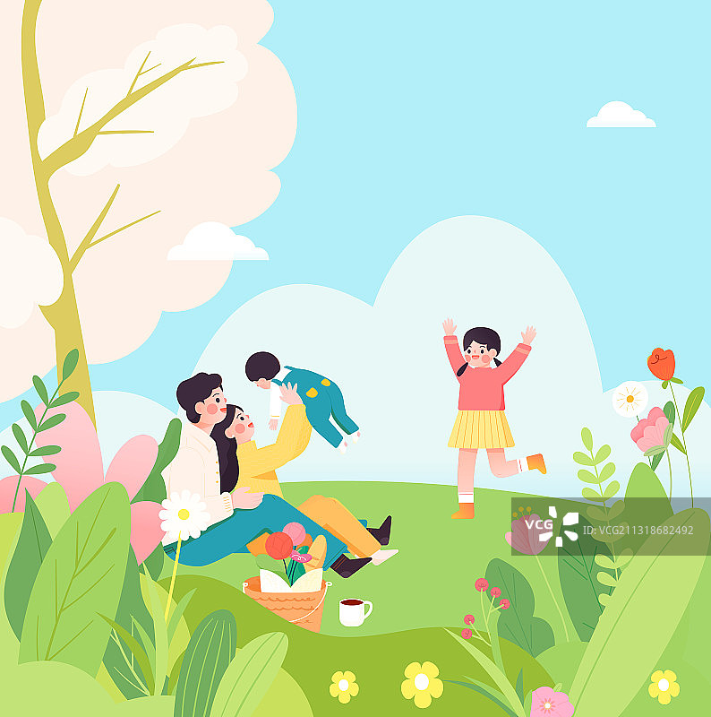 春天一家四口在户外草地上游玩矢量插画海报方图图片素材