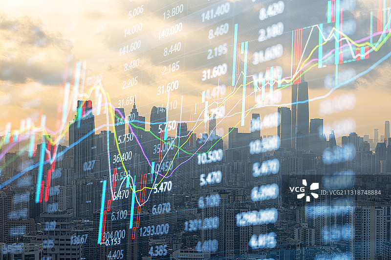 广州城市建筑景观和金融股市证券走势概念图片素材