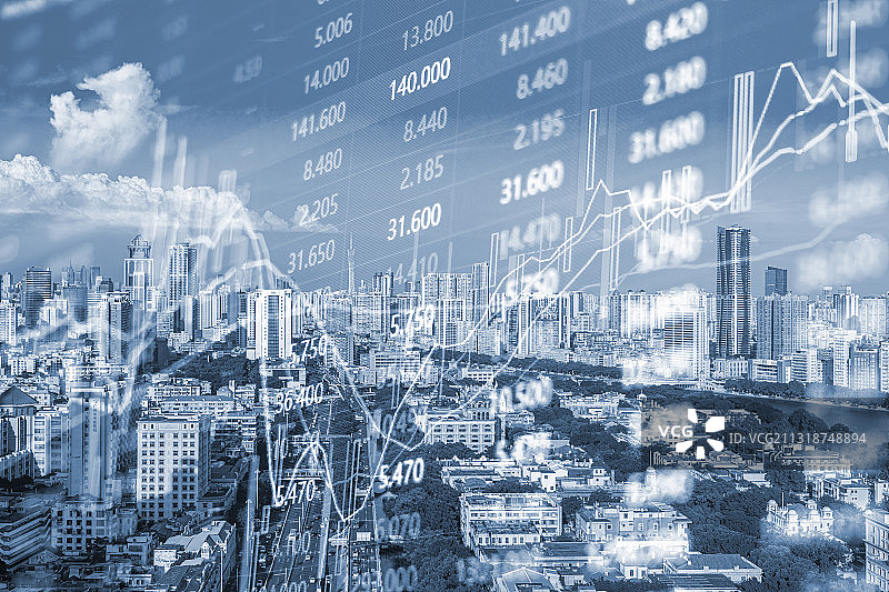 广州城市建筑景观和金融股市证券走势概念图片素材