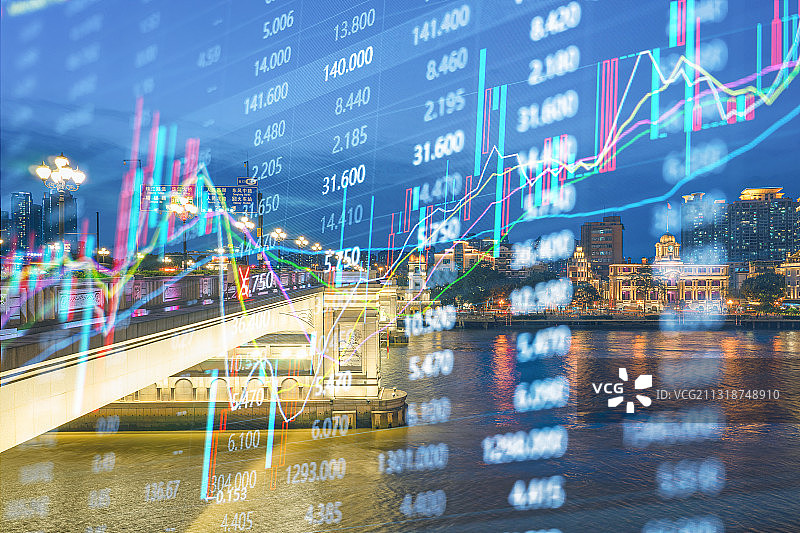 广州城市建筑景观和金融股市证券走势概念图片素材