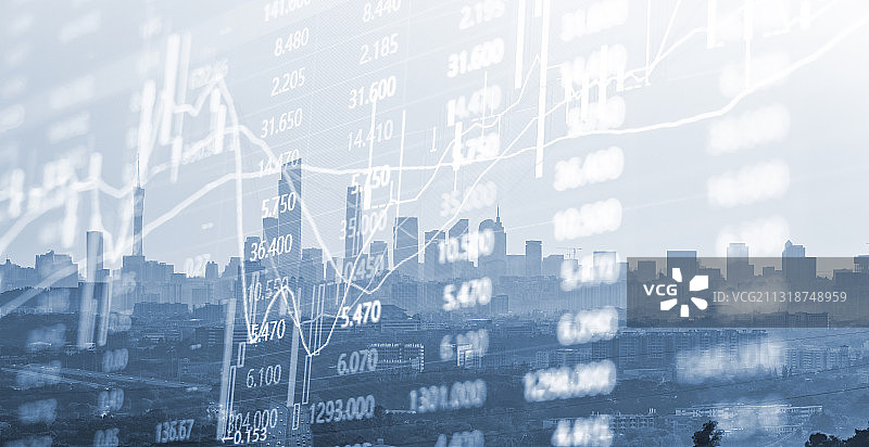 广州城市建筑景观和金融股市证券走势概念图片素材