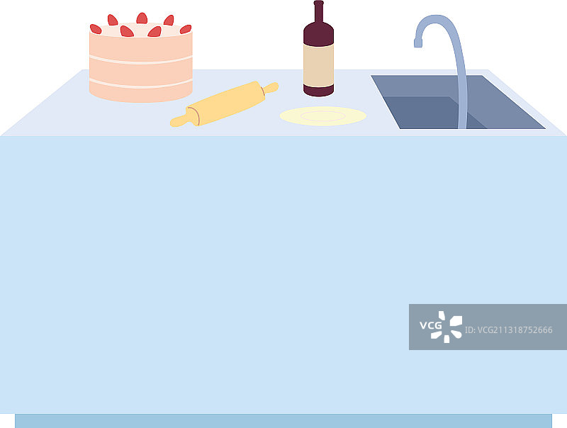 带蛋糕和瓶子的铝制厨房台面图片素材