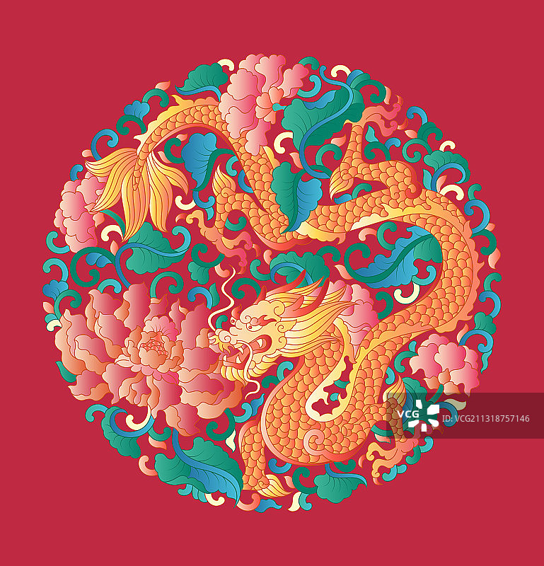 传统的彩色圆形龙纹花纹图案红色背景图片素材