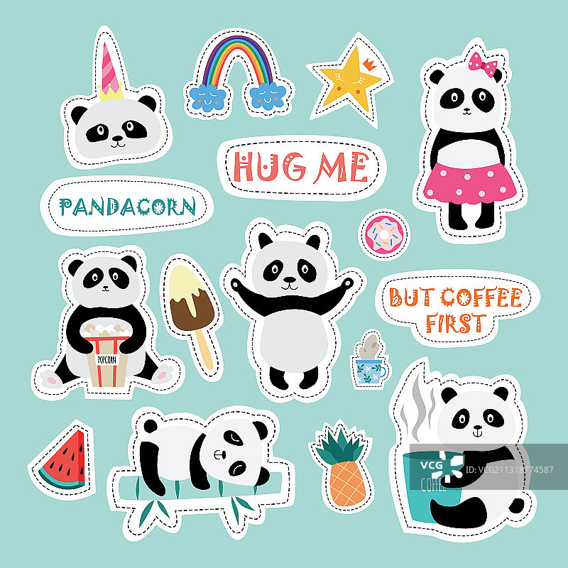 卡通熊猫扁平风贴纸或印刷品图片素材