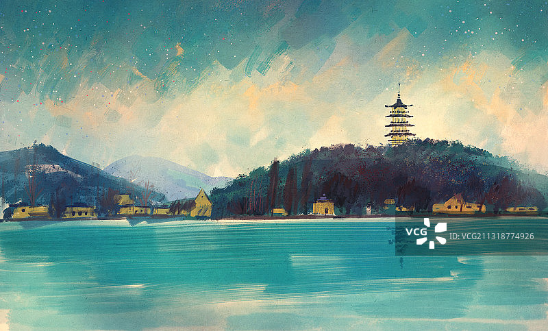 城市，杭州西湖，雷峰塔，插画，著名景点图片素材