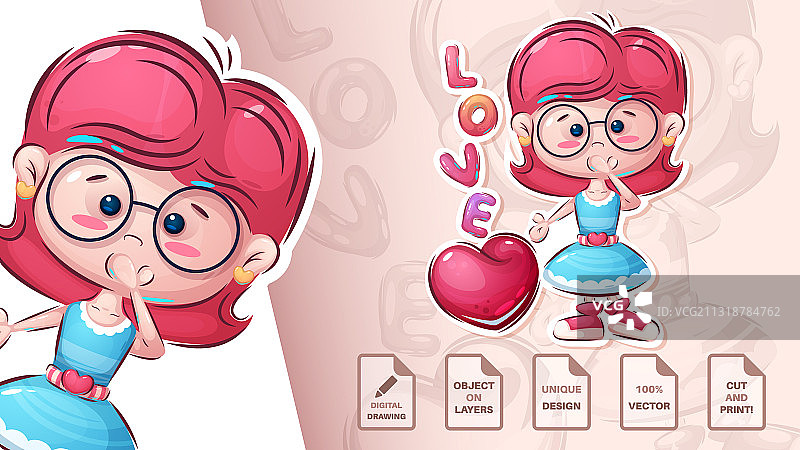 可爱的爱心女孩贴纸图片素材