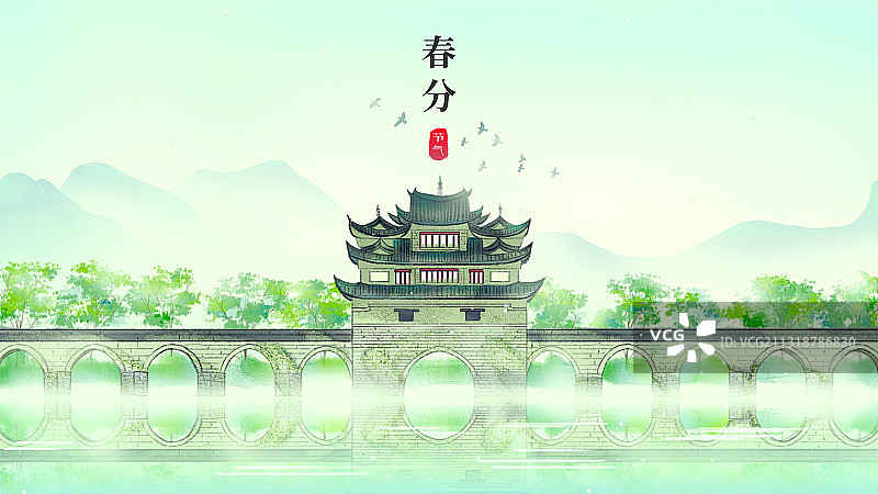 中国云南省红河州建水县双龙桥古风手绘插画图片素材