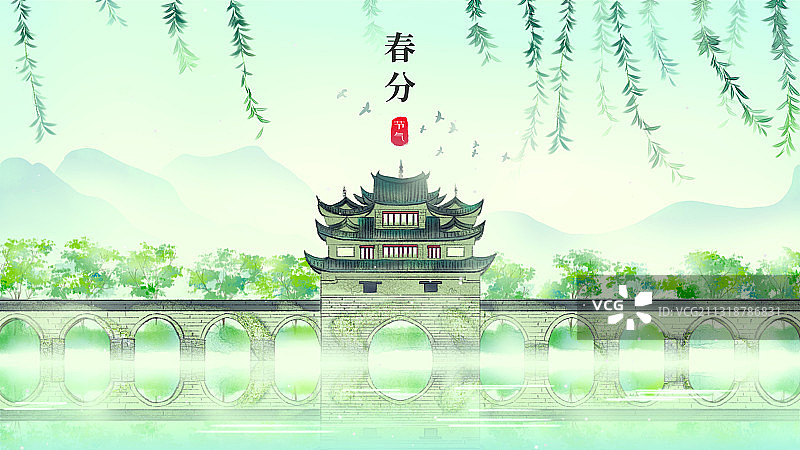 中国云南省红河州建水县双龙桥古风手绘插画图片素材